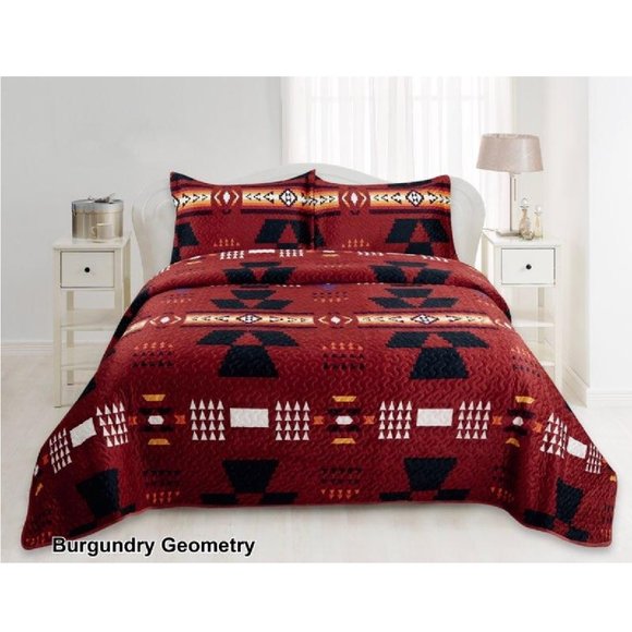 Geometric Print Bedding Set Queen & King Size Quilted Bedspreads Velvet Burgundy - Picture 1 of 1